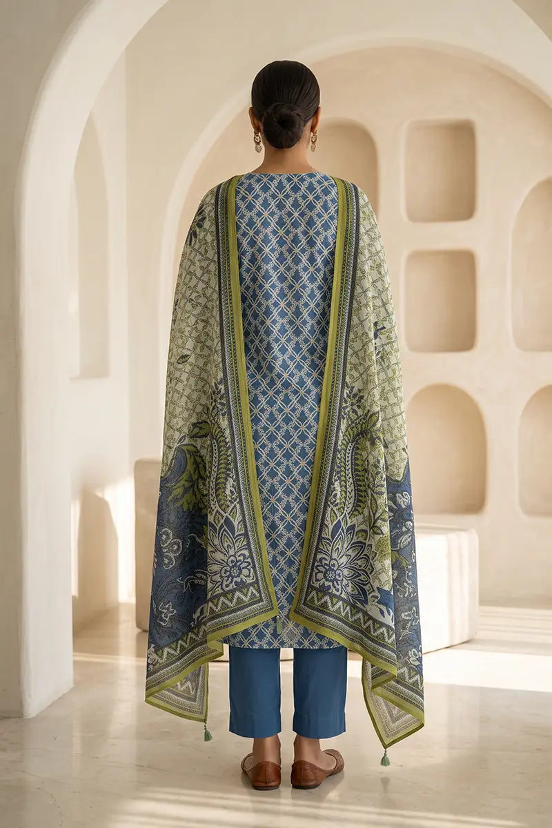 Beechtree - 2piece Stitched suit (Shirt & Dupatta) (Slate Blue)