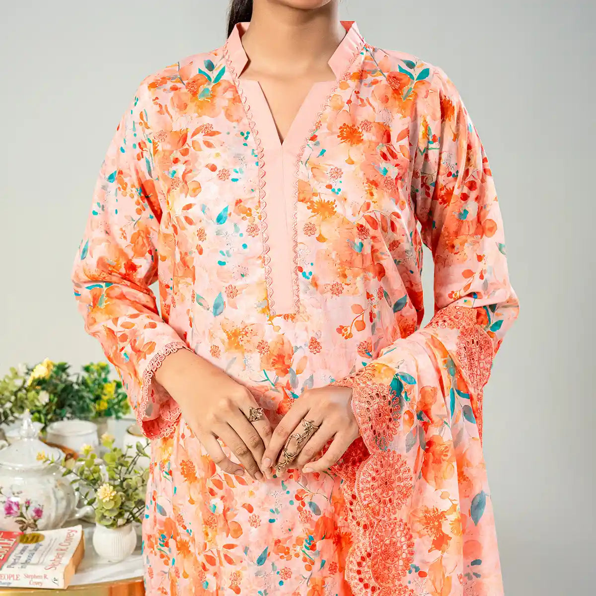 Aarzoo By KBC Fashion – 3 Piece Unstitched Embroidered Lawn Suit  – Light Orange