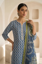 Beechtree - 2piece Stitched suit (Shirt & Dupatta) (Slate Blue)