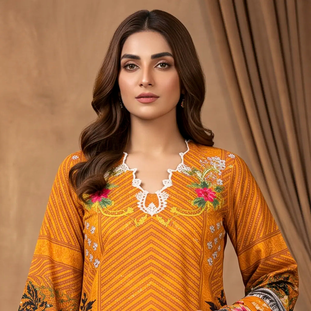Orchid by KBC Fashion – Printed Khaddar 3 Piece Unstitched Suit – [Burnt Orange]