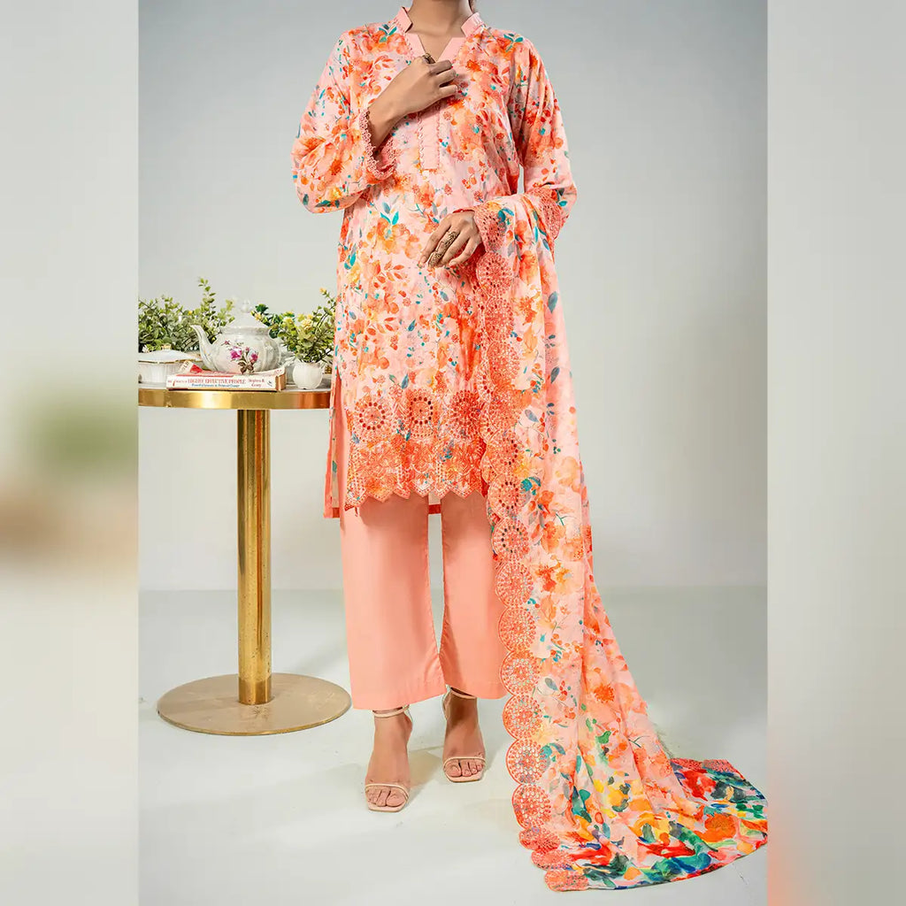 Aarzoo By KBC Fashion – 3 Piece Unstitched Embroidered Lawn Suit  – Light Orange
