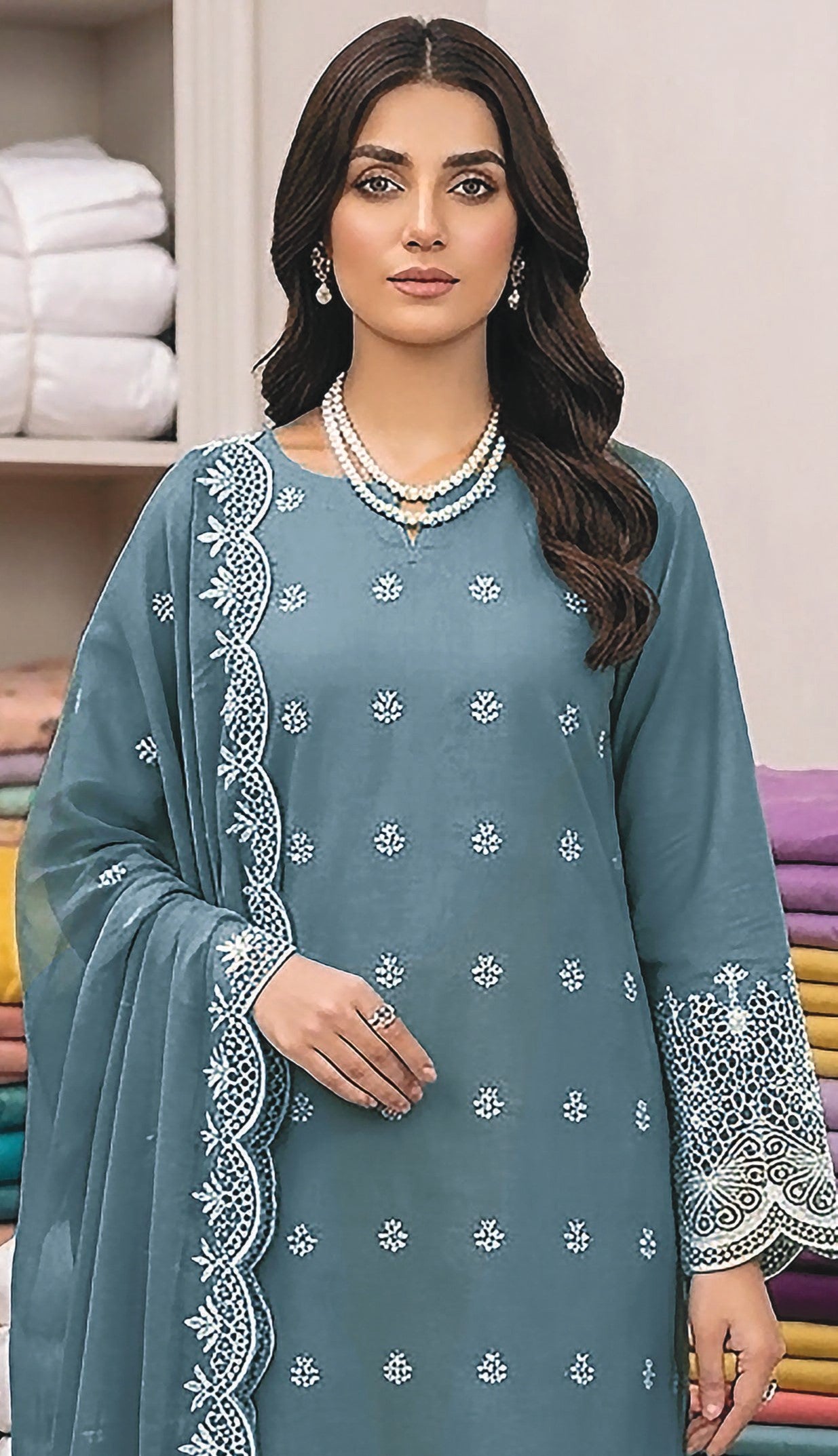Rimal by UK Vol-48 3PC Unstitched Schiffli Embroidered Lawn Suit (Blue)