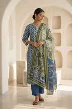 Beechtree - 2piece Stitched suit (Shirt & Dupatta) (Slate Blue)