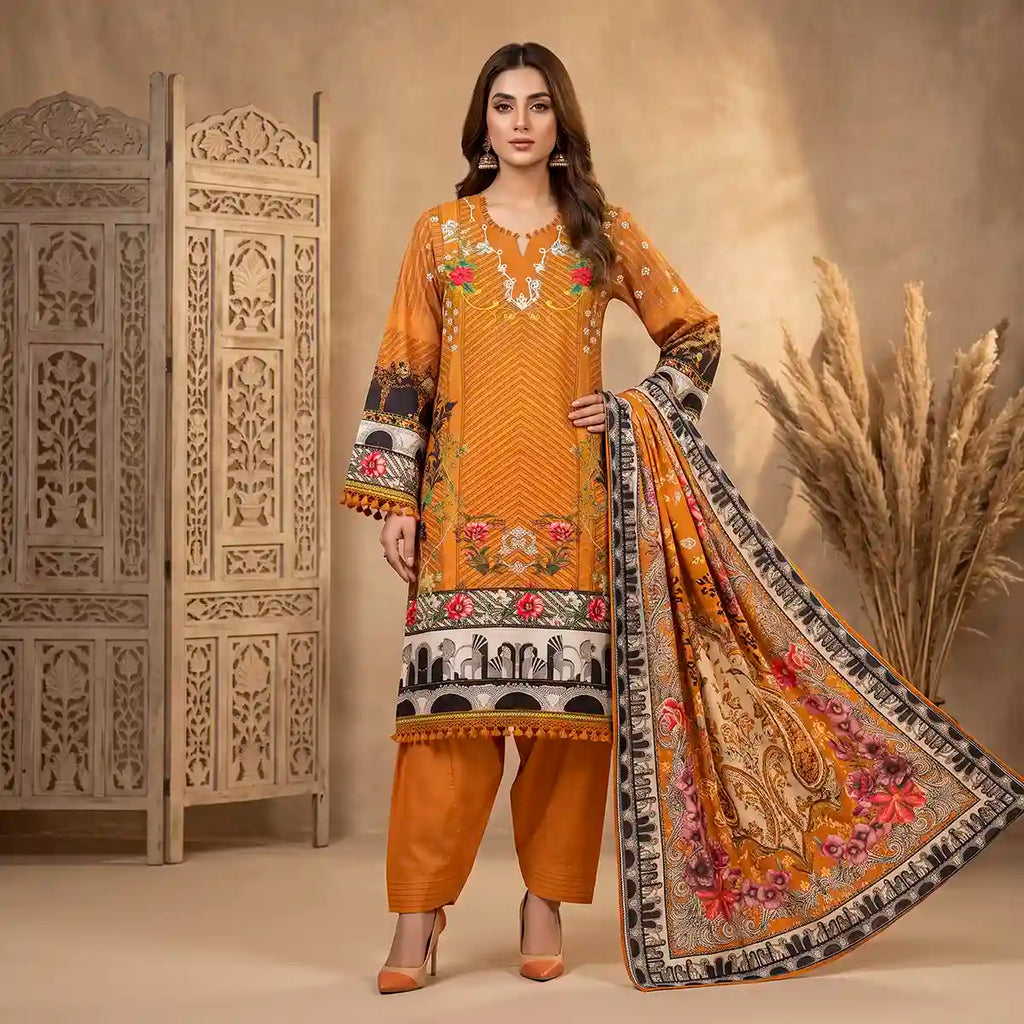Orchid by KBC Fashion – Printed Khaddar 3 Piece Unstitched Suit – [Burnt Orange]