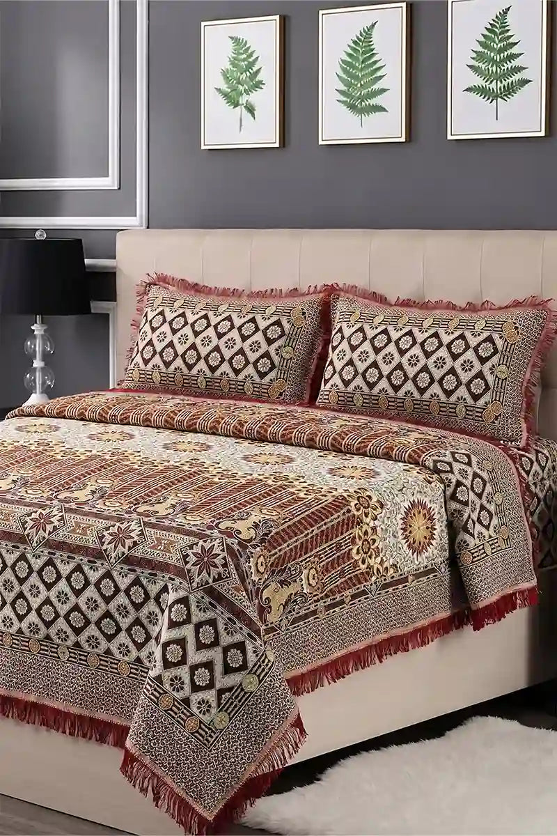 KBCFashion - Luxury Multani Double Bed Sheet Set with Pillow Covers (Deep Crimson)