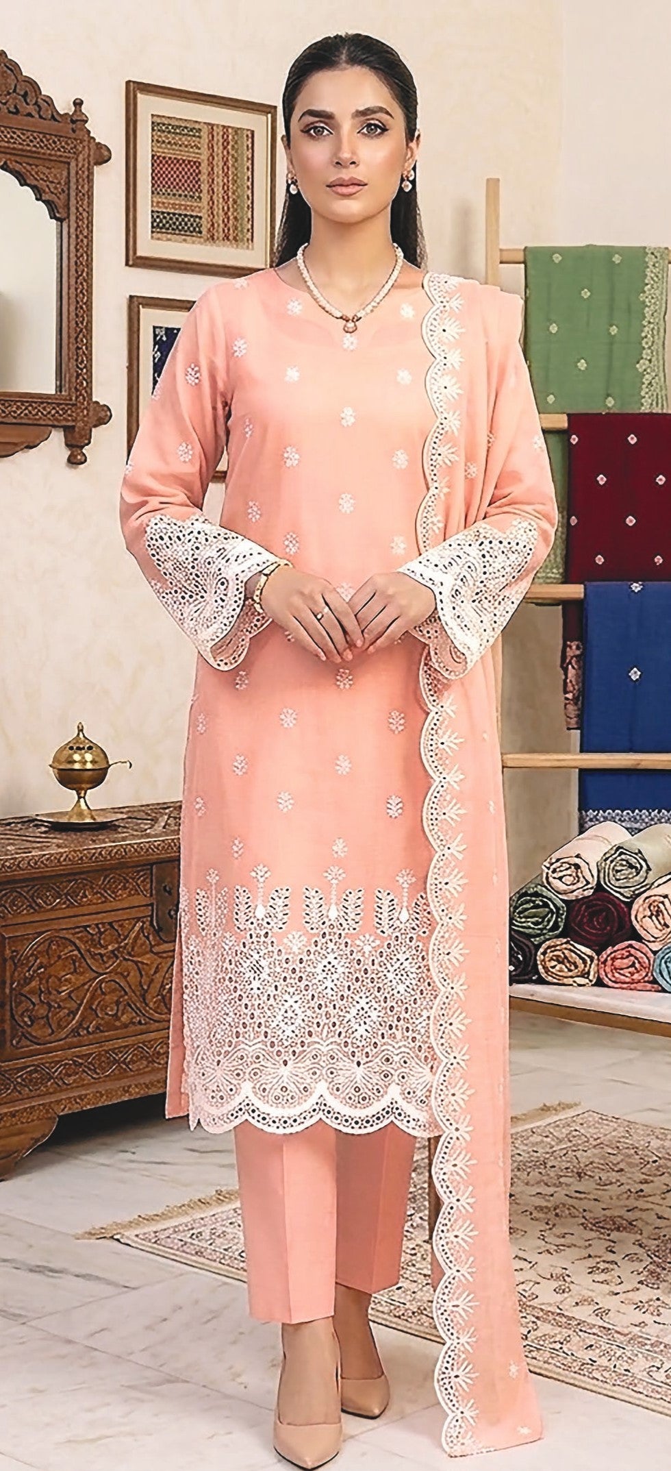 Rimal by UK Vol-48 3PC Unstitched Schiffli Embroidered Lawn Suit (Peach)