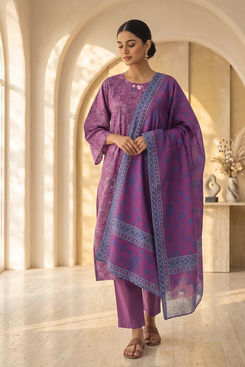 Beechtree - 2piece Stitched suit (Shirt & Dupatta) (Purple)