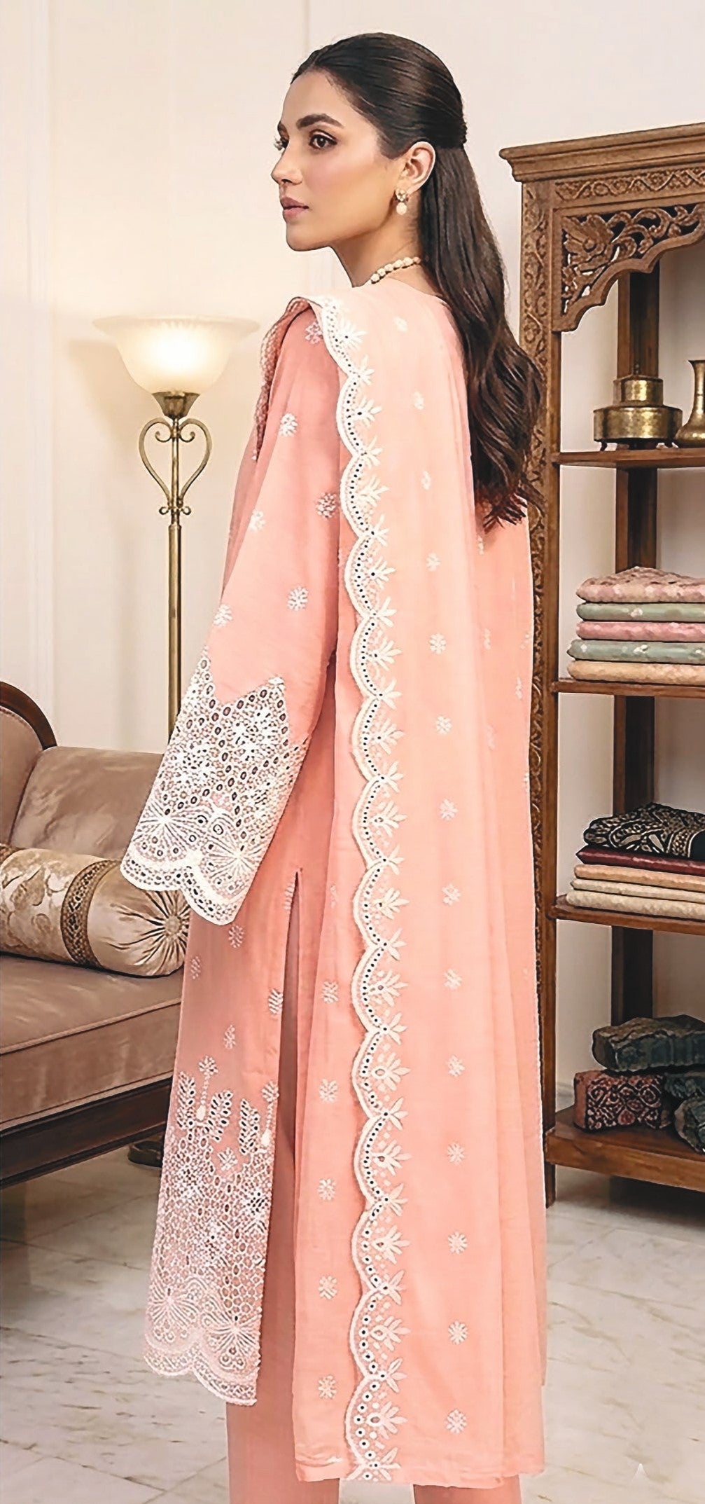 Rimal by UK Vol-48 3PC Unstitched Schiffli Embroidered Lawn Suit (Peach)