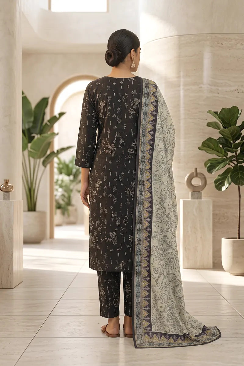 Beechtree - 2piece Stitched suit (Shirt & Dupatta) (Charcoal)