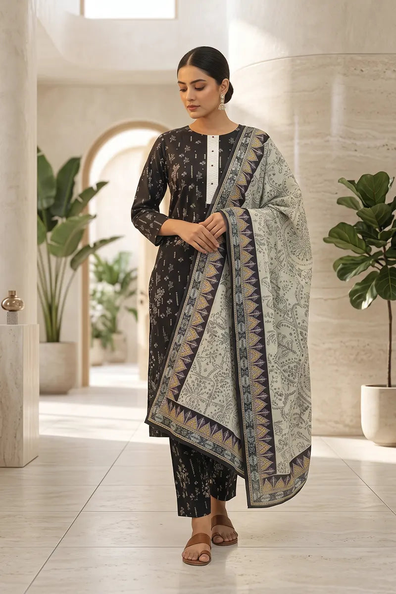 Beechtree - 2piece Stitched suit (Shirt & Dupatta) (Charcoal)