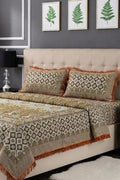 KBCFashion - Luxury Multani Double Bed Sheet Set with Pillow Covers (Muted Gold)