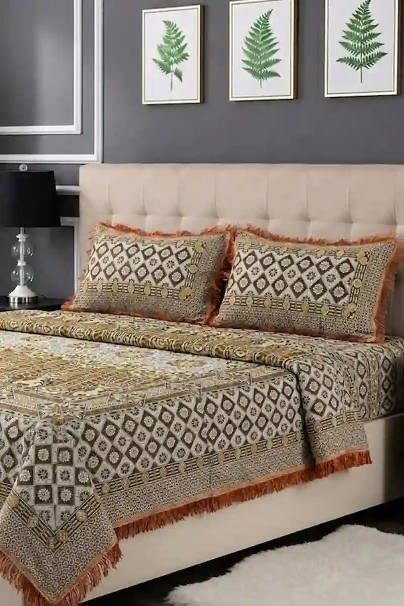 KBCFashion - Luxury Multani Double Bed Sheet Set with Pillow Covers (Muted Gold)