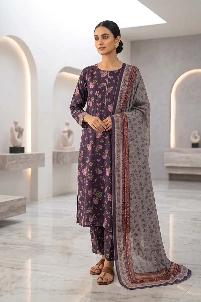Beechtree - 2piece Stitched suit (Shirt & Dupatta) (Plum)