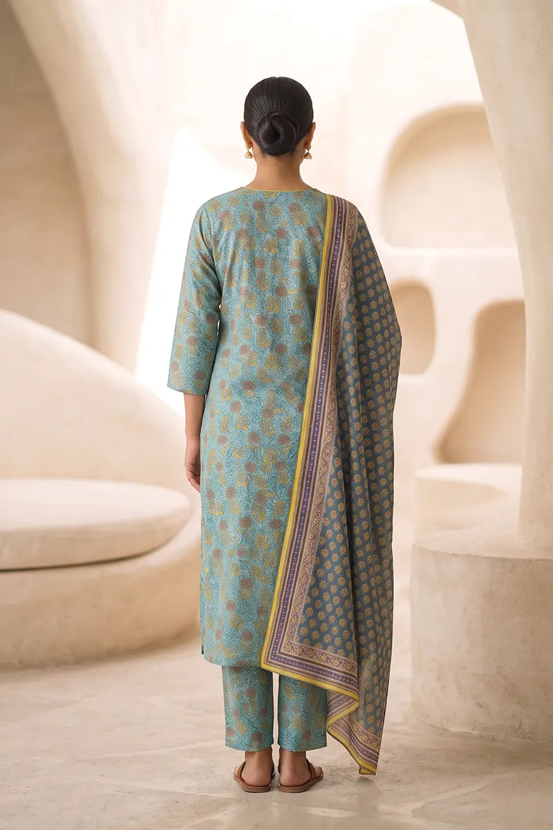 Beechtree - 2piece Stitched suit (Shirt & Dupatta) (Dusty Blue)