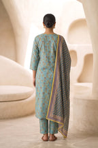 Beechtree - 2piece Stitched suit (Shirt & Dupatta) (Dusty Blue)