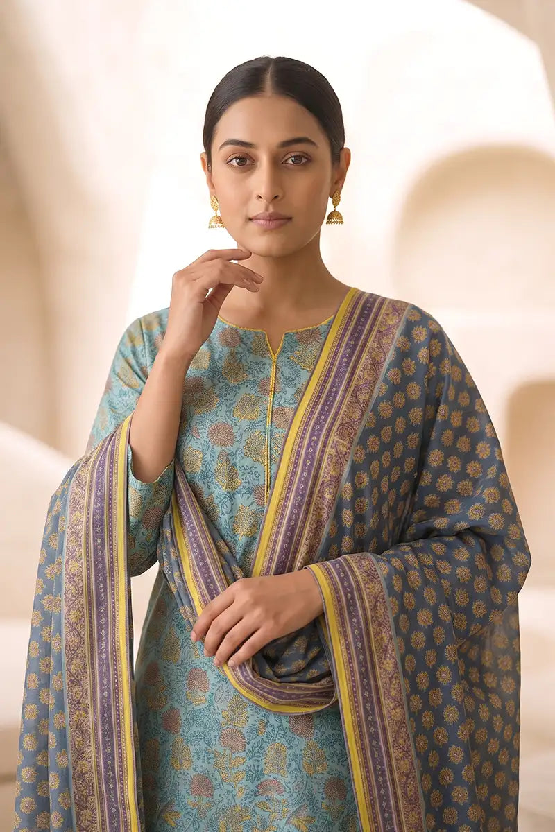 Beechtree - 2piece Stitched suit (Shirt & Dupatta) (Dusty Blue)
