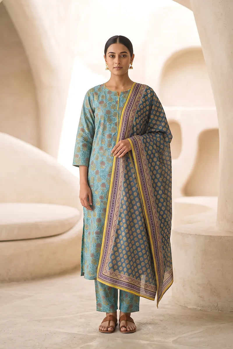 Beechtree - 2piece Stitched suit (Shirt & Dupatta) (Dusty Blue)