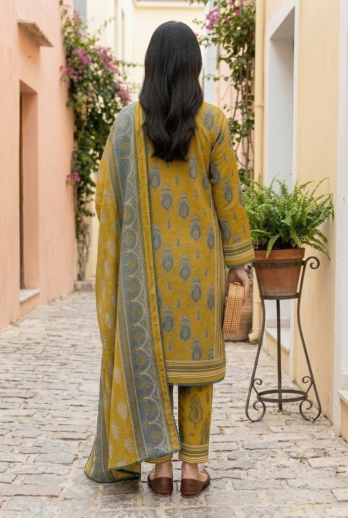 Keyseria By Jaffrani-3PC Unstitch Lawn Chapter-5-(Old Gold)