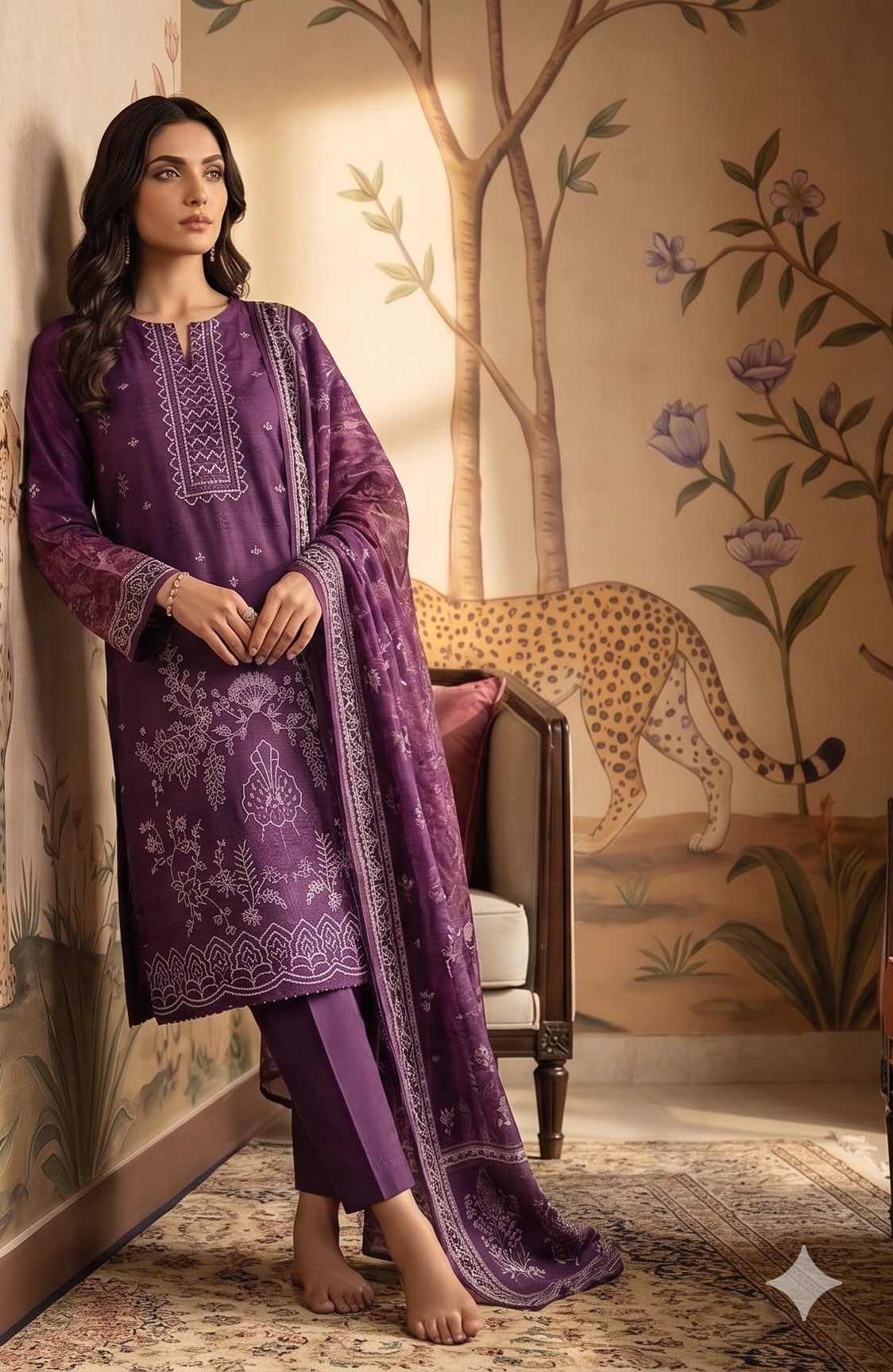 Rimal by UK Vol-22 3PC Unstitched Embroidered Lawn Suit (Deep Purple)