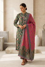 Beechtree - 2piece Stitched suit (Shirt & Dupatta) (Emerald Green & Fuchsia Pink)