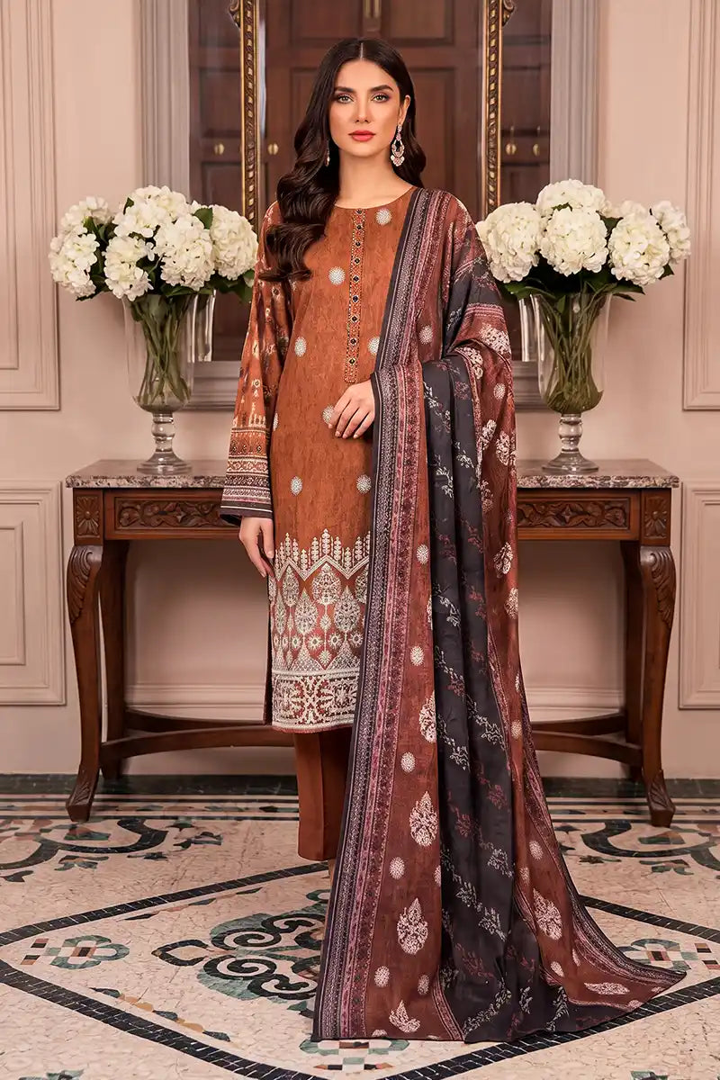 Rimal Vol 118 – Embroidered Unstitched 3-Piece Lawn Suit (Chestnut Brown)