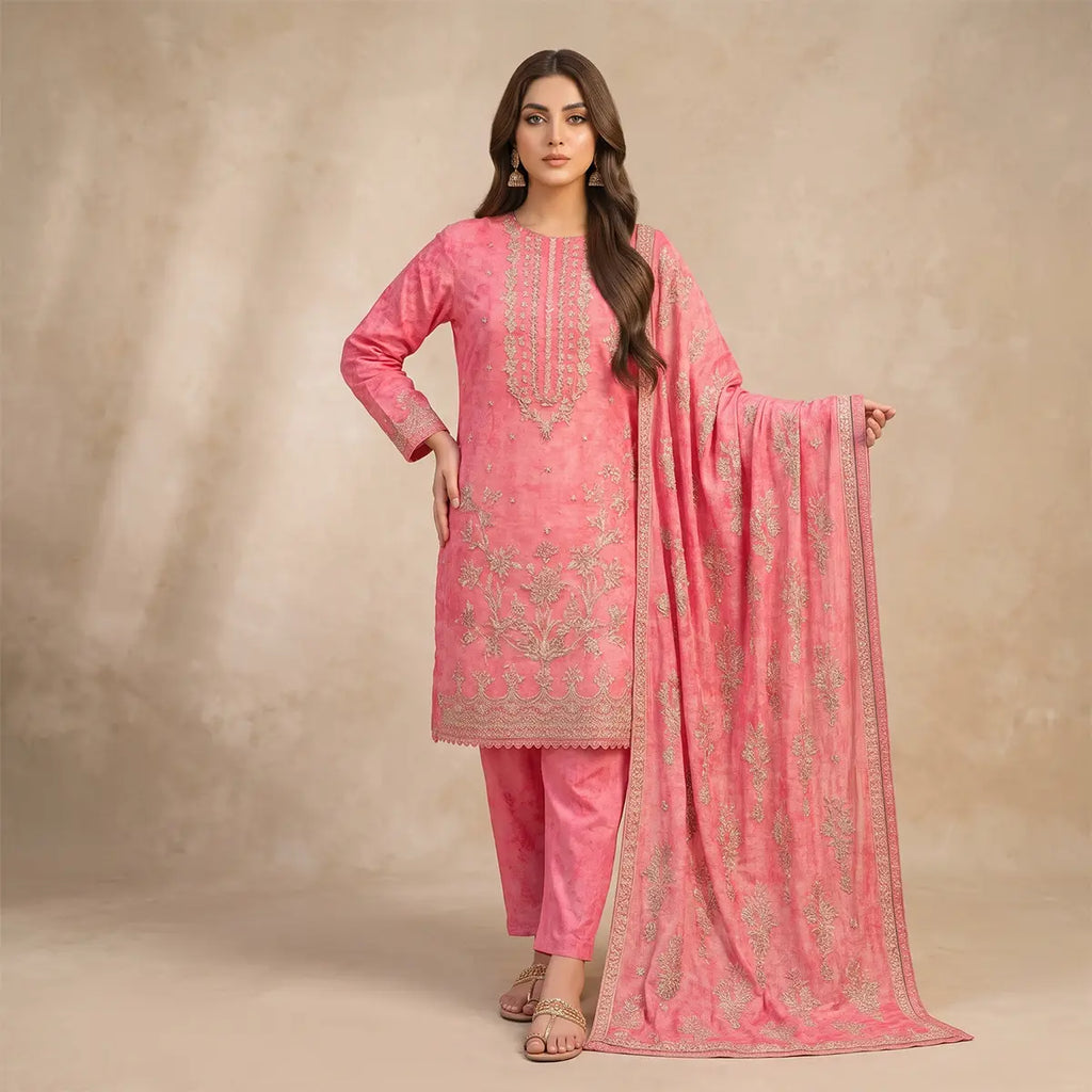 Afsha By Bareeze Fashion Embroidery – Unstitched 3 Piece Suit (Brick Pink)