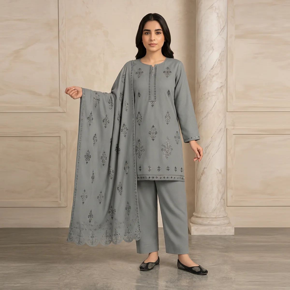 Faiqa By Bareeze Embroidery – Unstitched 3 Piece Suit (Mid Gray)