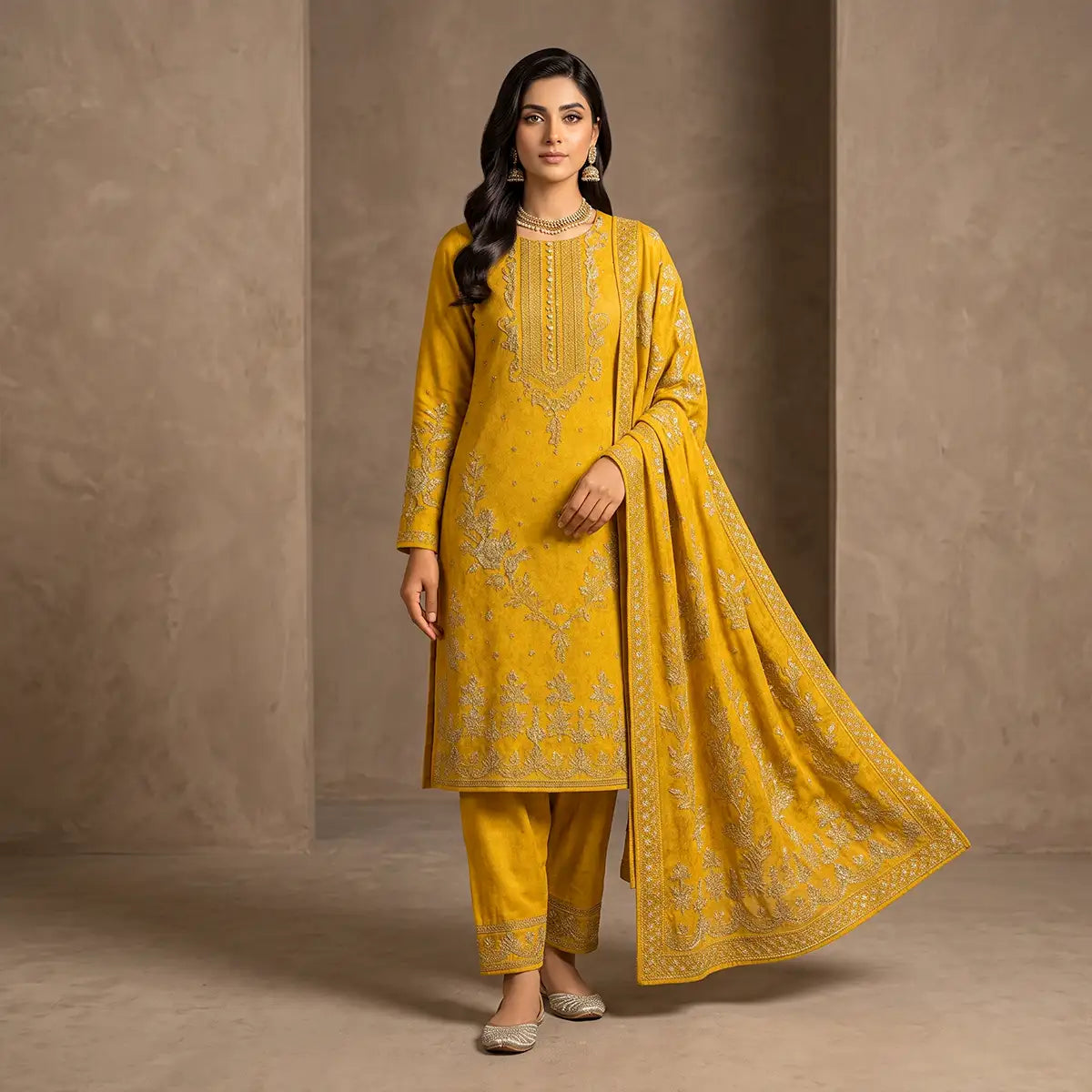 Afsha By Bareeze Fashion Embroidery – Unstitched 3 Piece Suit (Dark Yellow)