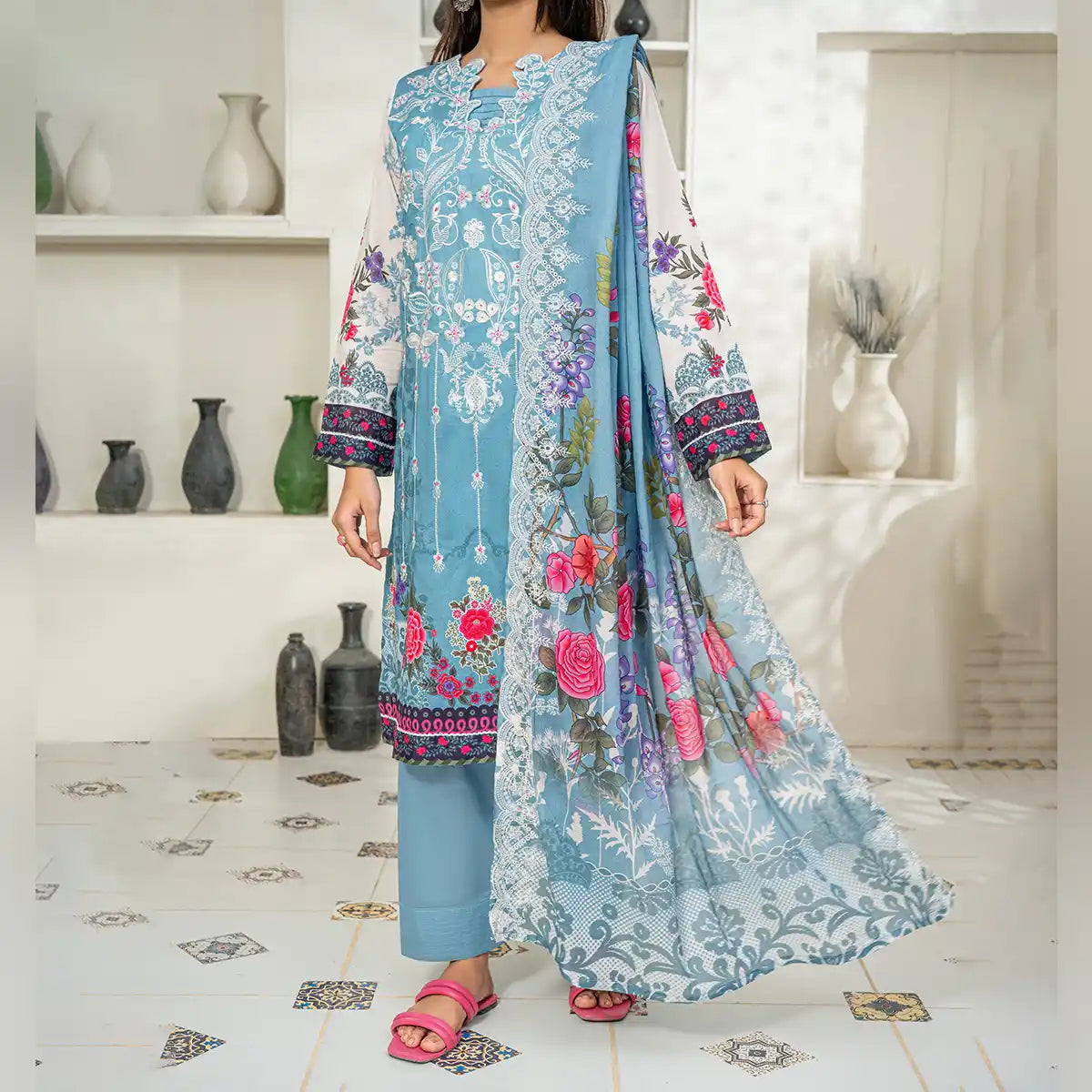 Aarzoo By KBC Fashion – 3 Piece Unstitched Embroidered Lawn Suit  – Sky Blue