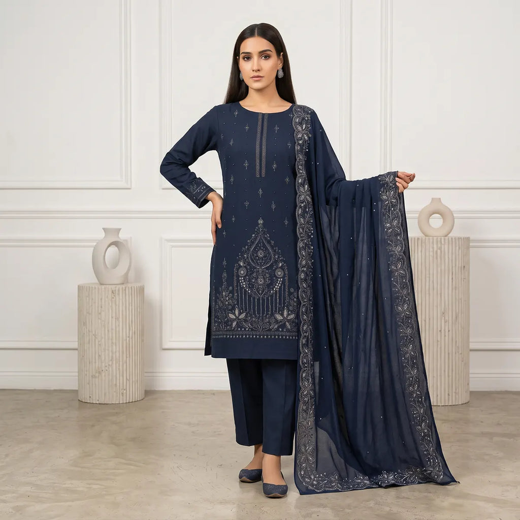 Wajiha By Bareeze Embroidery – Unstitched 3 Piece Suit – Mid Gray