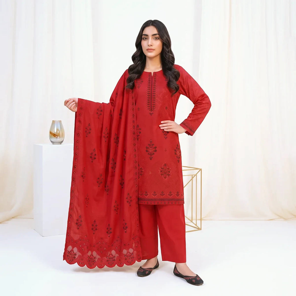Faiqa By Bareeze Embroidery – Unstitched 3 Piece Suit (Red)