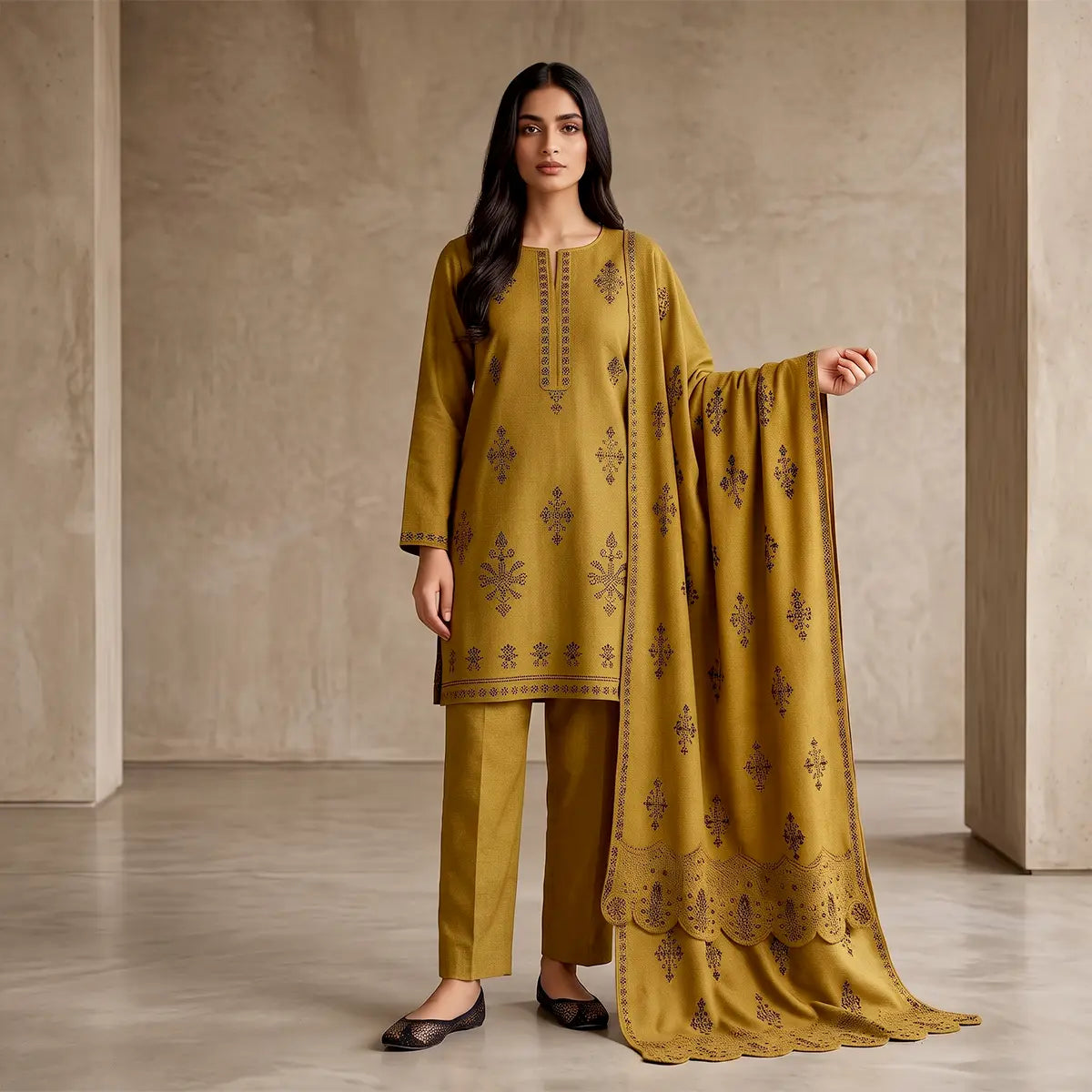 Faiqa By Bareeze Embroidery – Unstitched 3 Piece Suit (Luxor Gold)