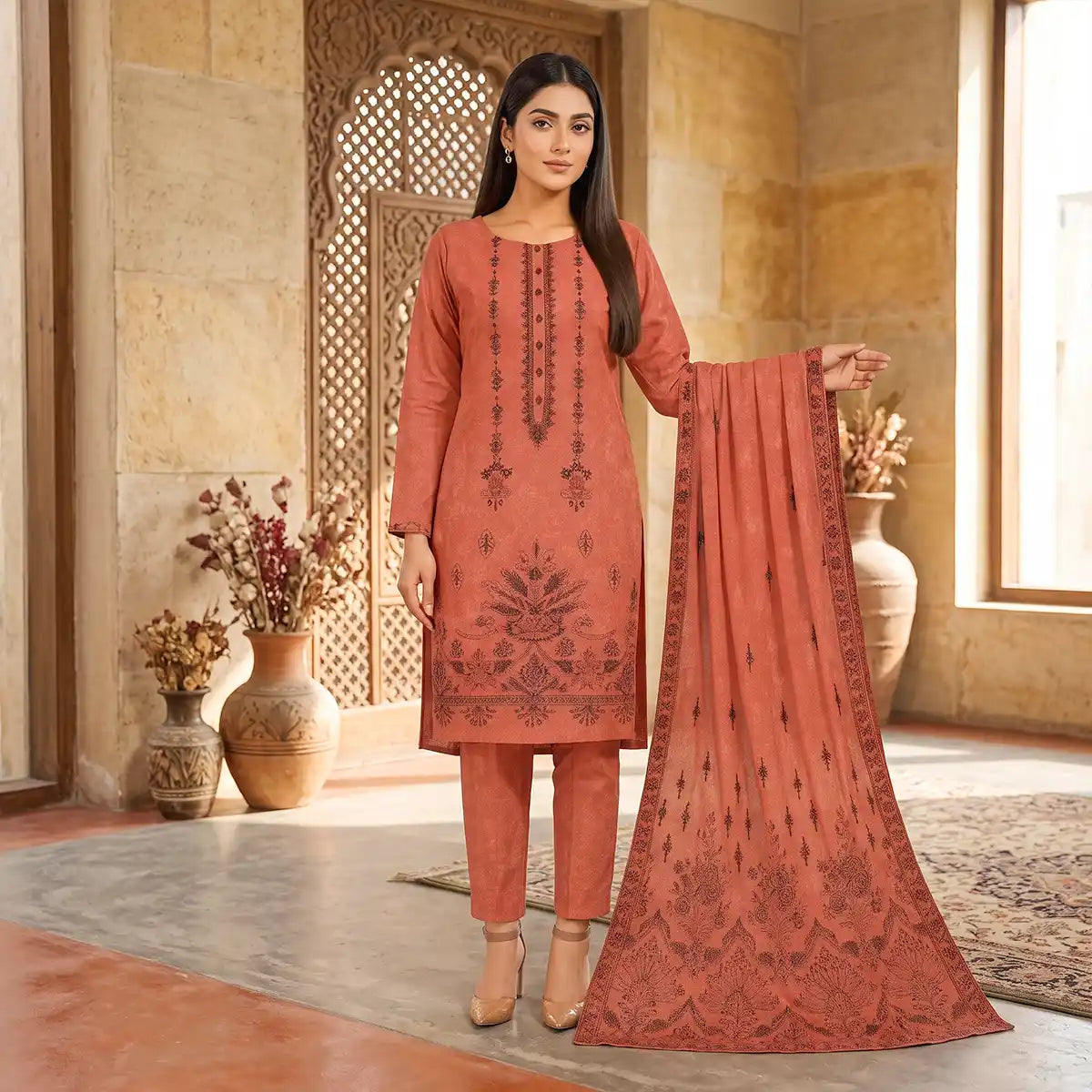 Chaman By Bareeze Embroidery – Unstitched 3 Piece Suit - Peach