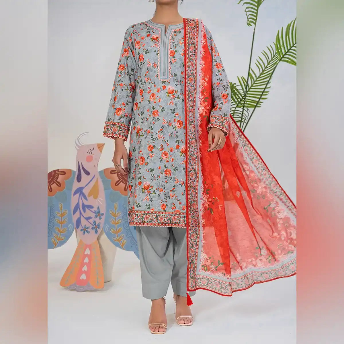 Parthia By KBC Fashion - 3PC Unstitched Printed Cambric Suit (Light Grey)