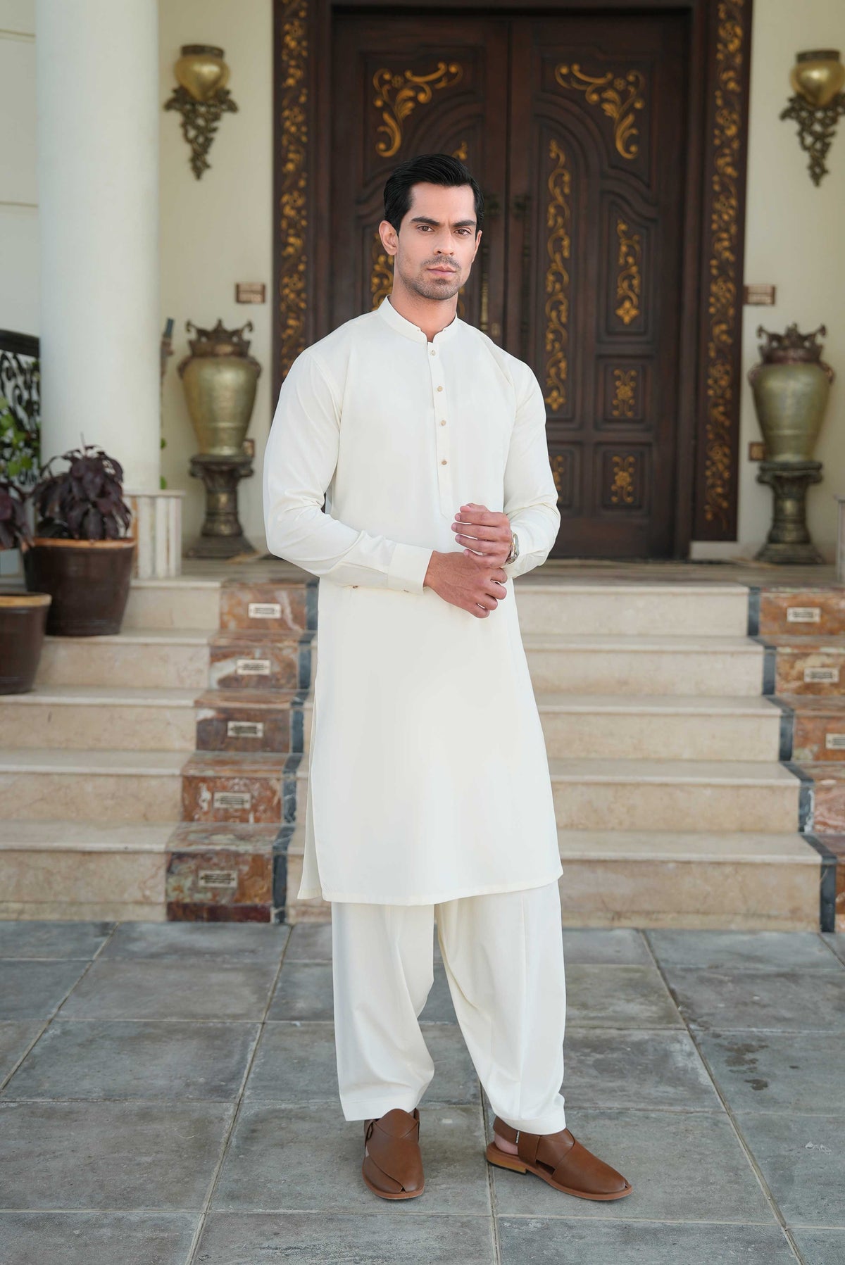 Grace Men’s Wash & Wear Unstitched Fabric Suit (Off-White)