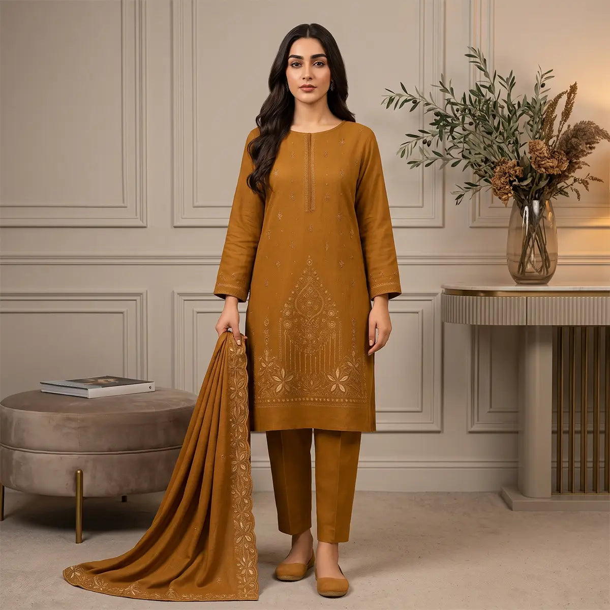Wajiha By Bareeze Embroidery – Unstitched 3 Piece Suit – Bronze