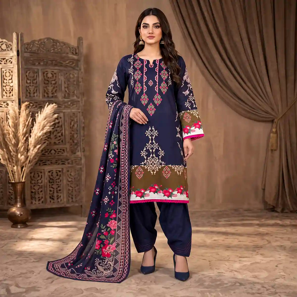 Orchid by KBC Fashion – Printed Khaddar 3 Piece Unstitched Suit – [Navy Blue]