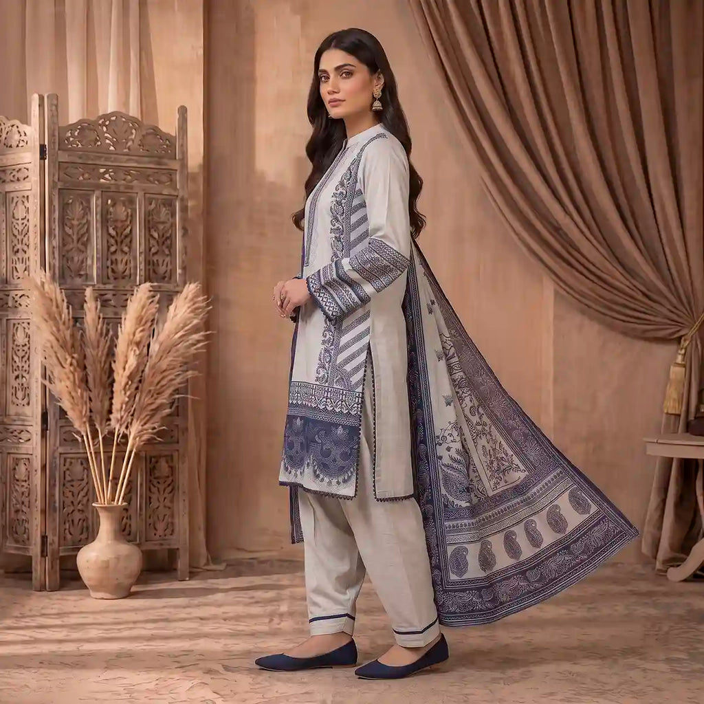 Orchid by KBC Fashion – Printed Khaddar 3 Piece Unstitched Suit – [Off White]