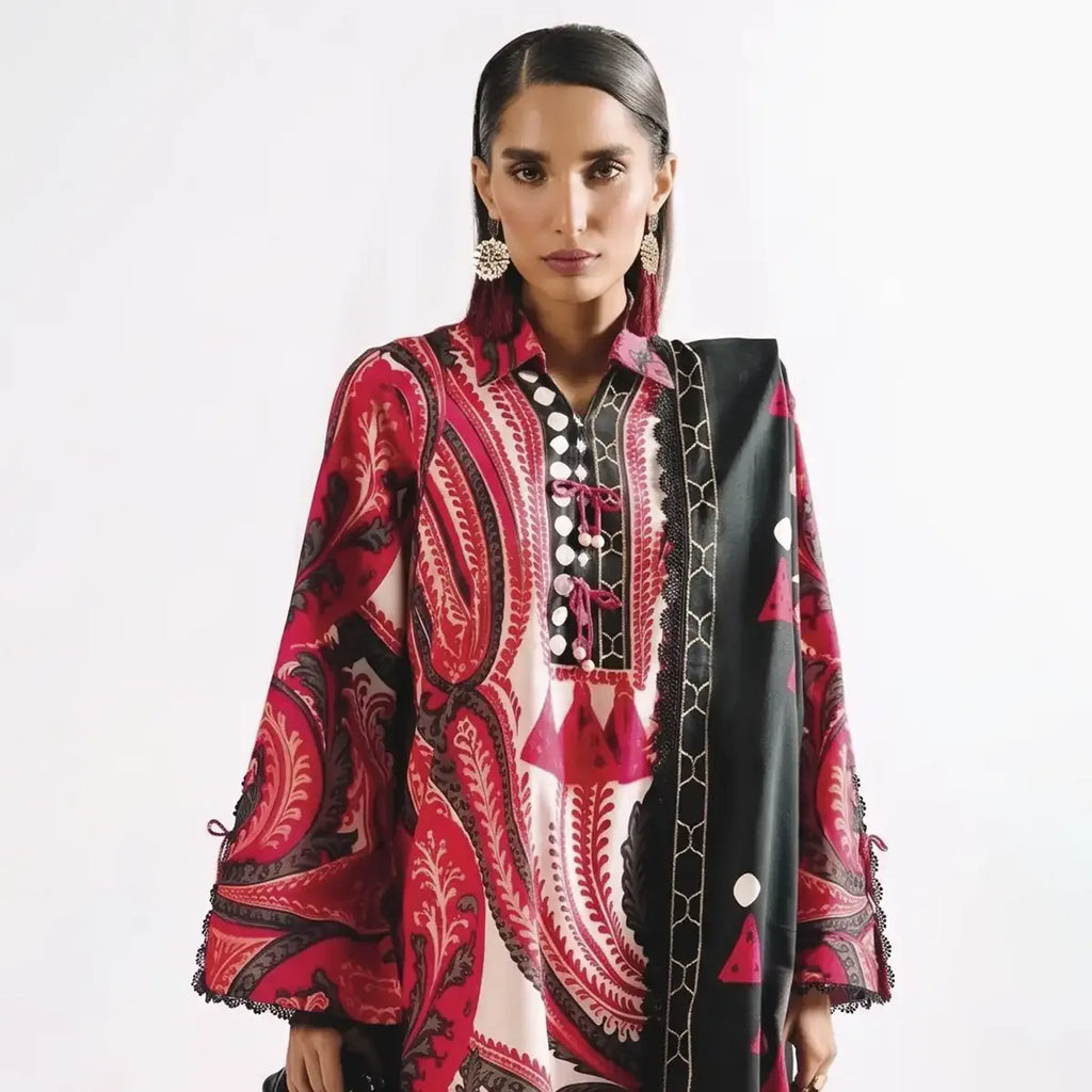 Agha Noor 3-Piece Unstitched Printed Premier Cambric Suit – Red
