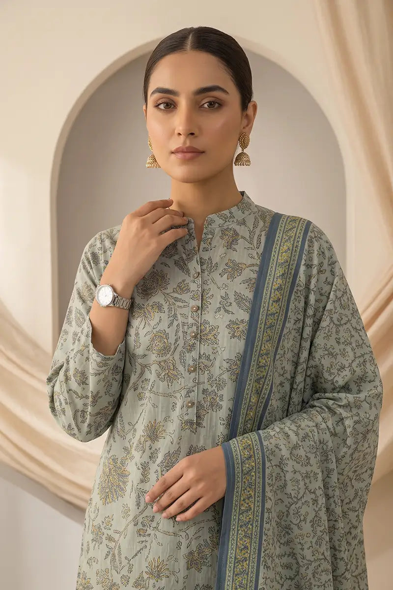 Beechtree - 2piece Stitched suit (Shirt & Dupatta) (Dusty Mint Green)