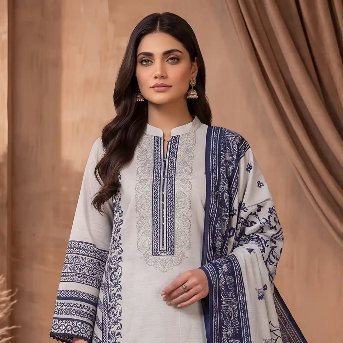 Orchid by KBC Fashion – Printed Khaddar 3 Piece Unstitched Suit – [Off White]