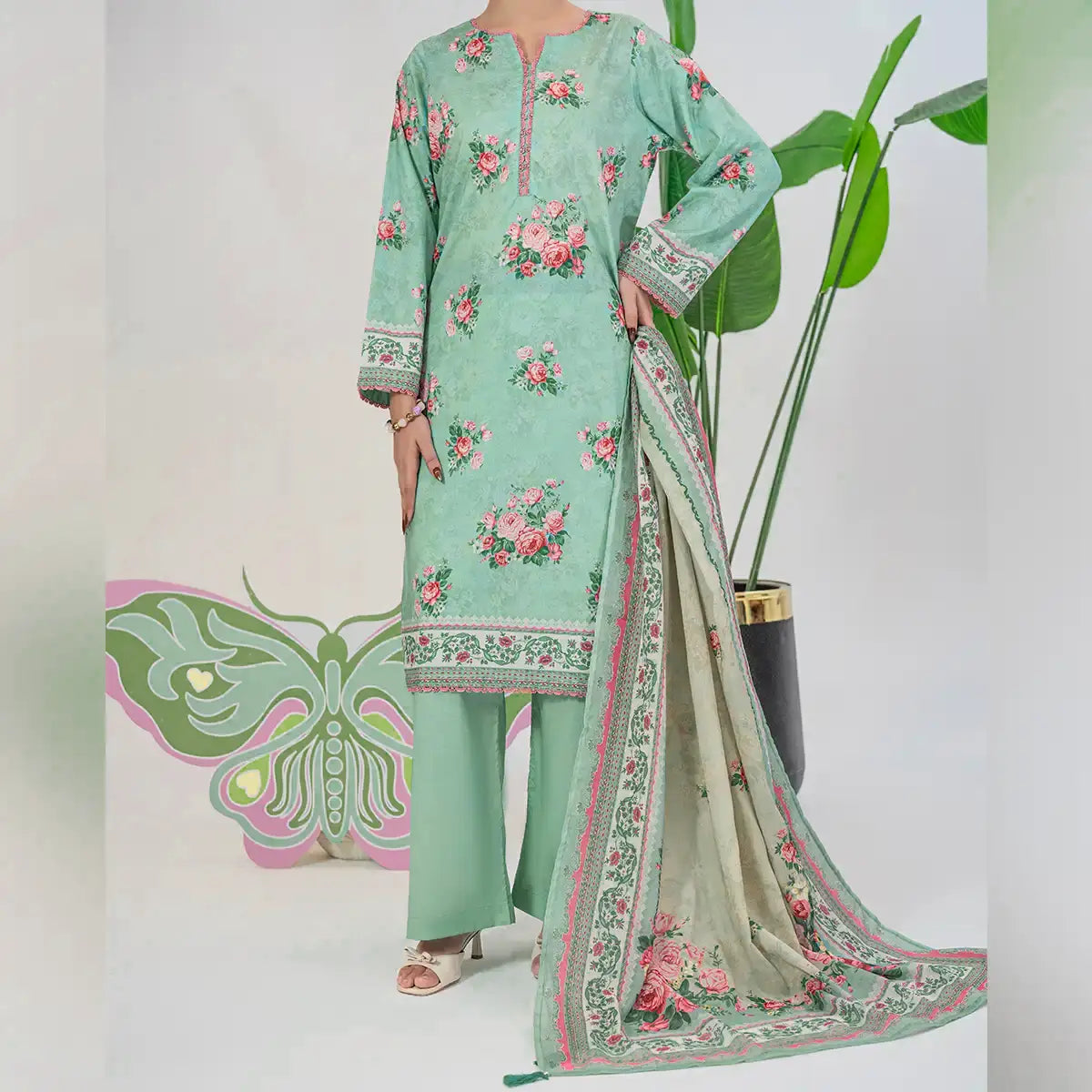 Parthia By KBC Fashion - 3PC Unstitched Printed Cambric Suit (Mint Green)
