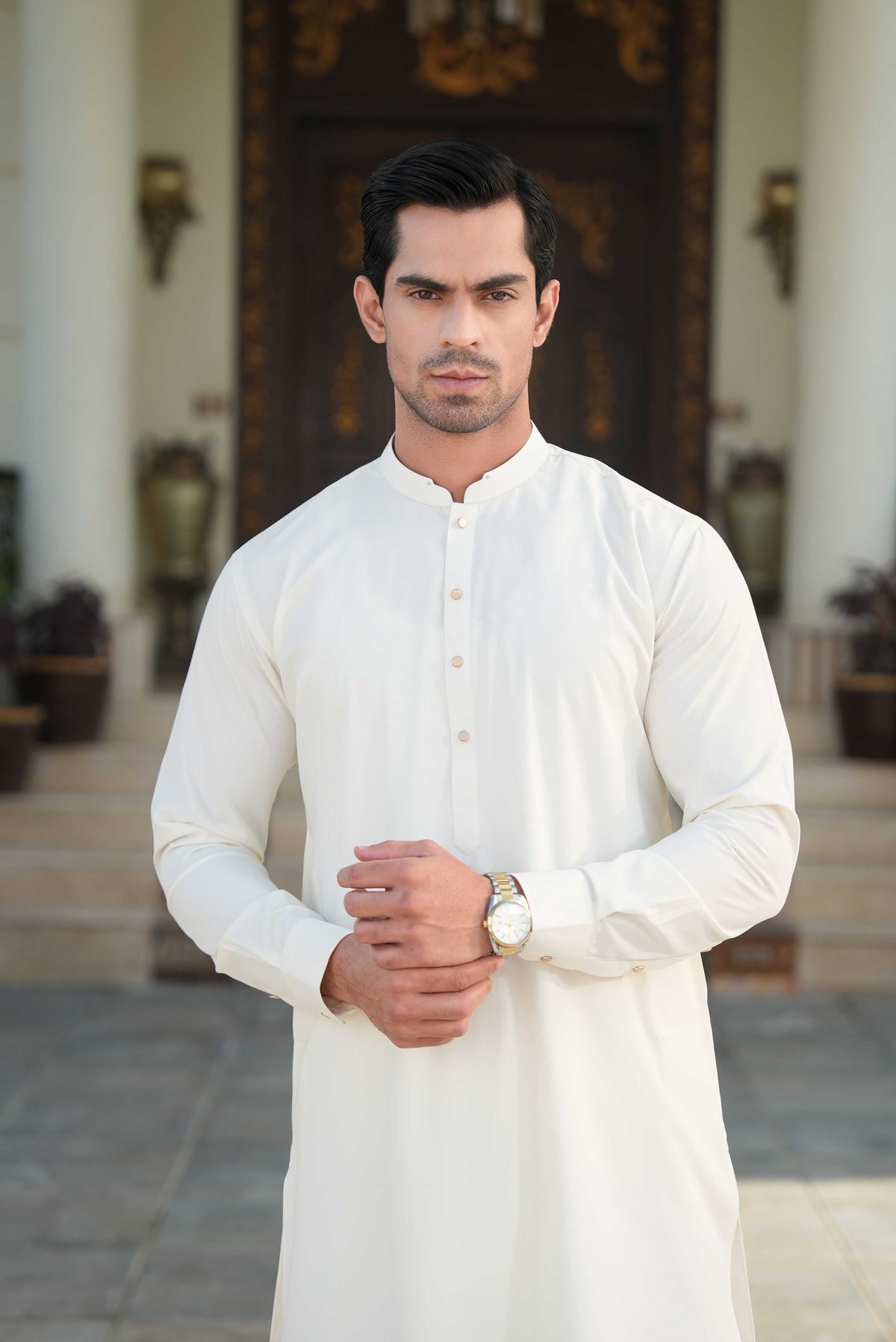 Grace Men’s Wash & Wear Unstitched Fabric Suit (Off-White)