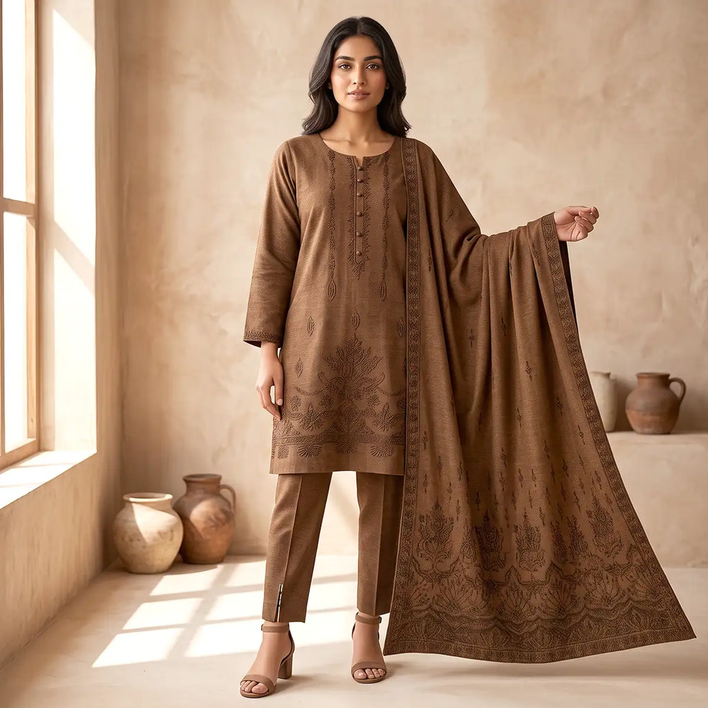 Chaman By Bareeze Embroidery – Unstitched 3 Piece Suit - Lisbon Brown
