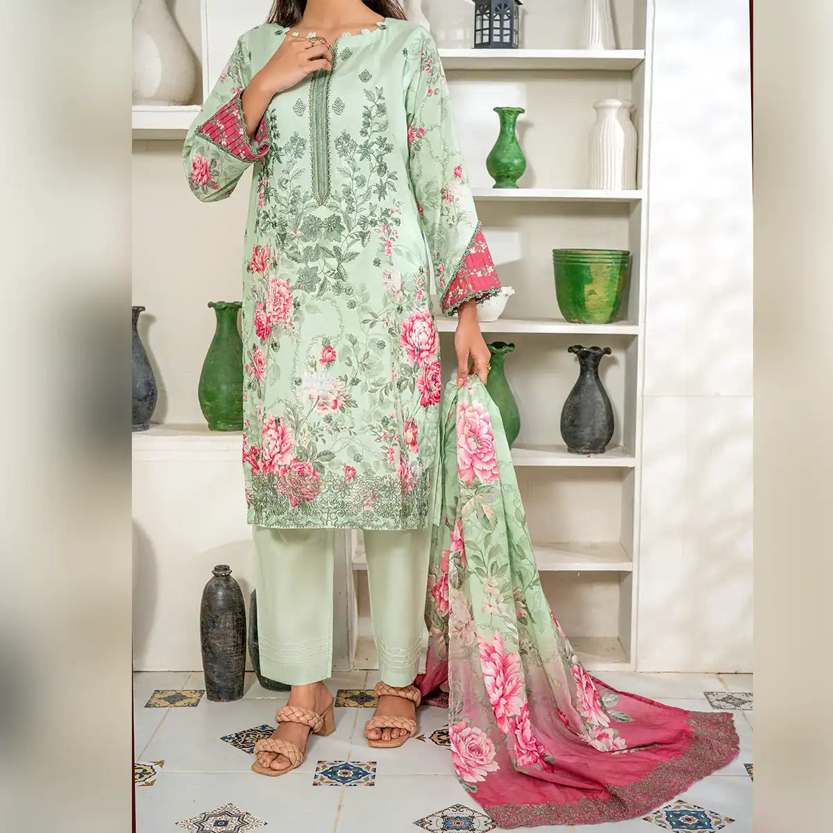 Aarzoo By KBC Fashion – 3 Piece Unstitched Embroidered Lawn Suit  – Light Green