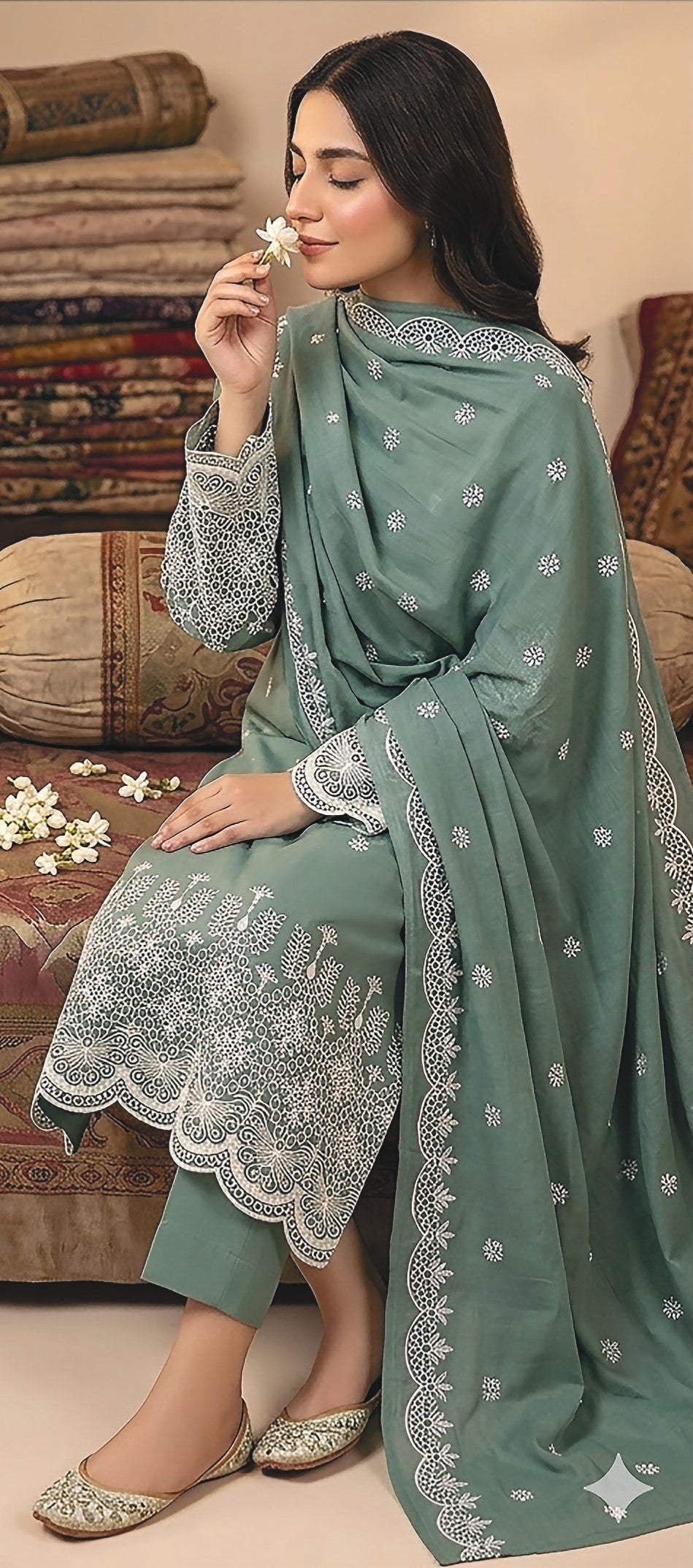 Rimal by UK Vol-48 3PC Unstitched Schiffli Embroidered Lawn Suit (Green)