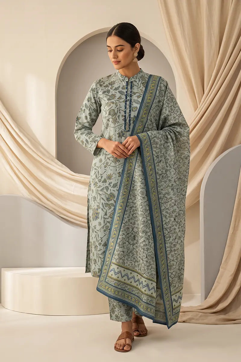 Beechtree - 2piece Stitched suit (Shirt & Dupatta) (Dusty Mint Green)