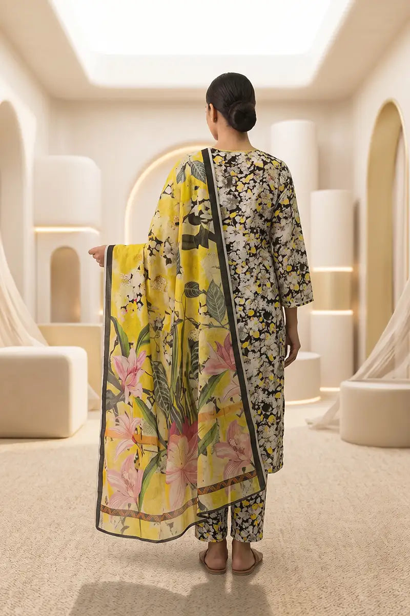 Beechtree - 2piece Stitched suit (Shirt & Dupatta) (Vibrant Canary Yellow)