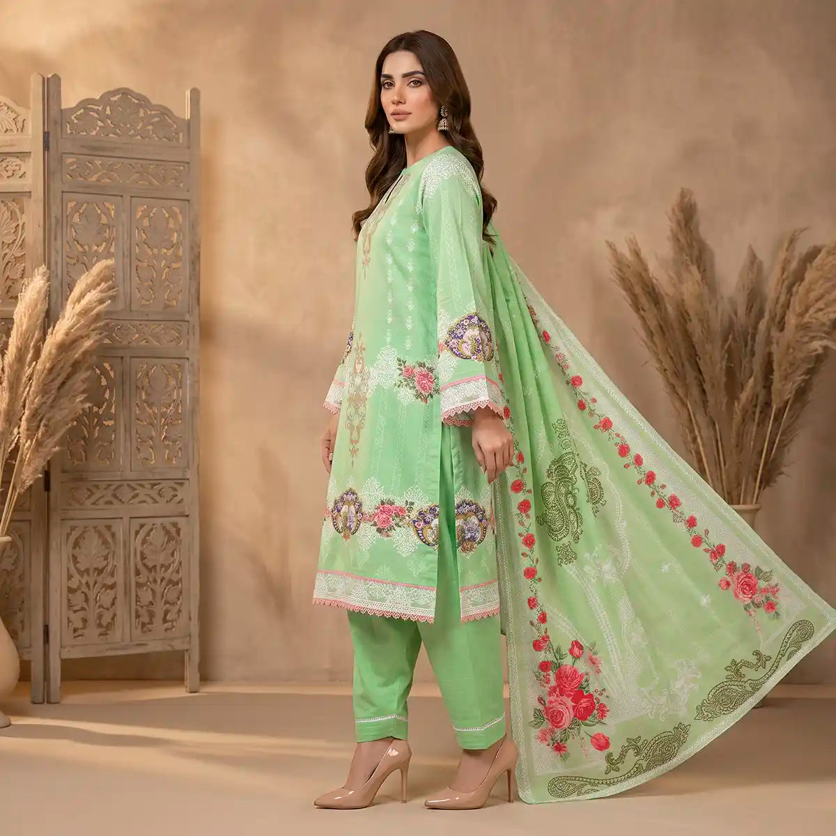 Orchid by KBC Fashion – Printed Khaddar 3 Piece Unstitched Suit – [Mint Green]