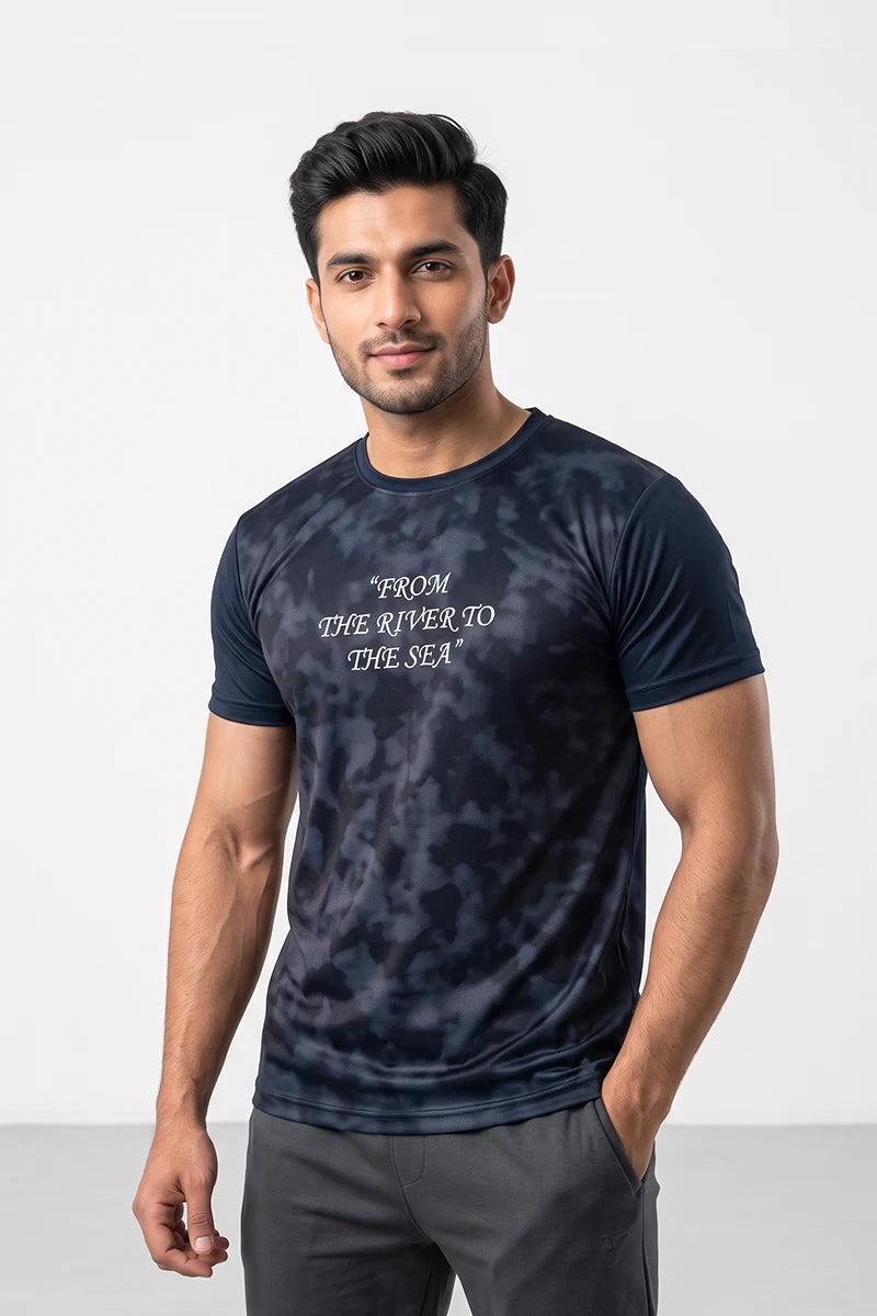 Fashion - Men’s Dry Fit Quote Print Crew Neck T-Shirt (Navy Camo)